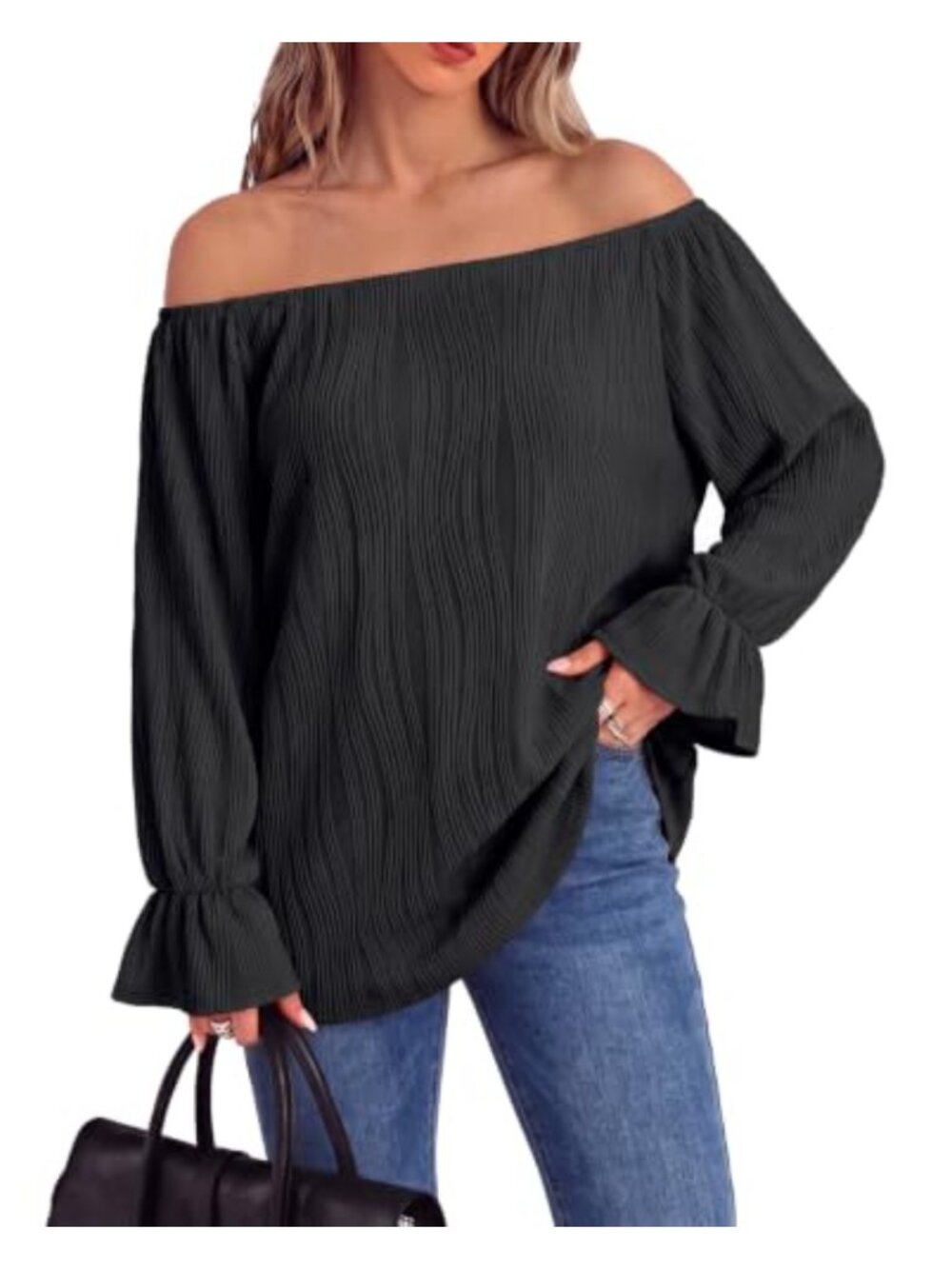 Off Shoulder Puff Sleeve Top Womens 3/4 Sleeve Boat Neck Blouse